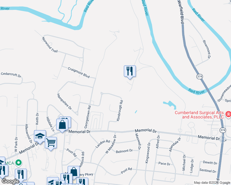 map of restaurants, bars, coffee shops, grocery stores, and more near 343 Kimbrough Road in Clarksville