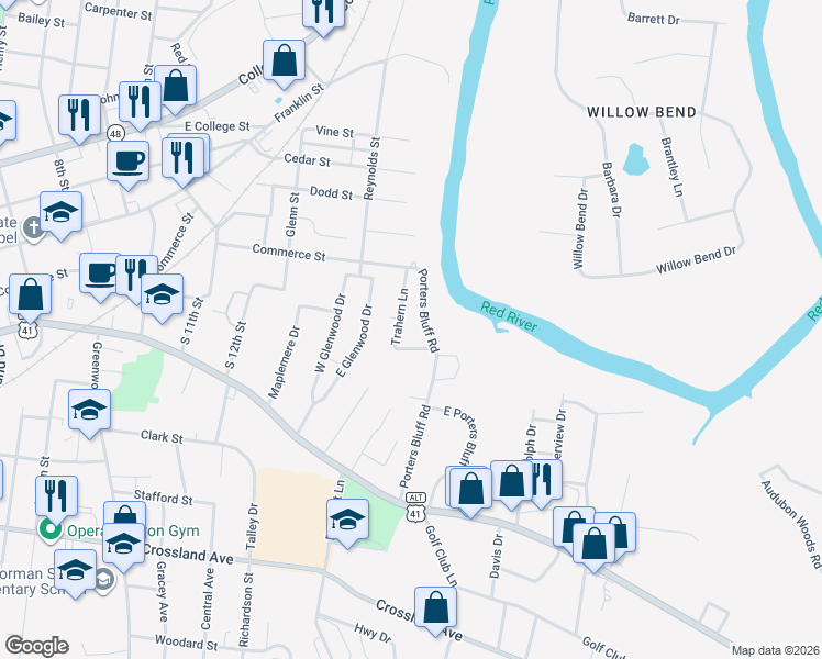 map of restaurants, bars, coffee shops, grocery stores, and more near 211 Trahern Lane in Clarksville