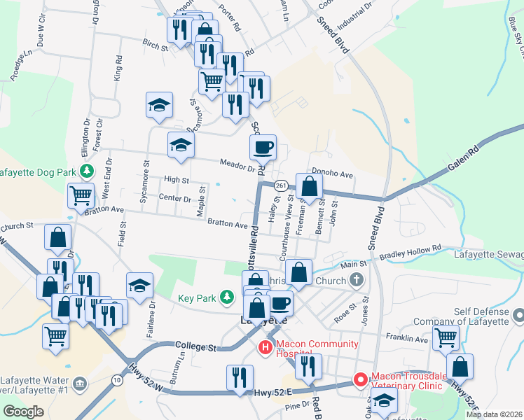 map of restaurants, bars, coffee shops, grocery stores, and more near 700 Scottsville Rd in Lafayette