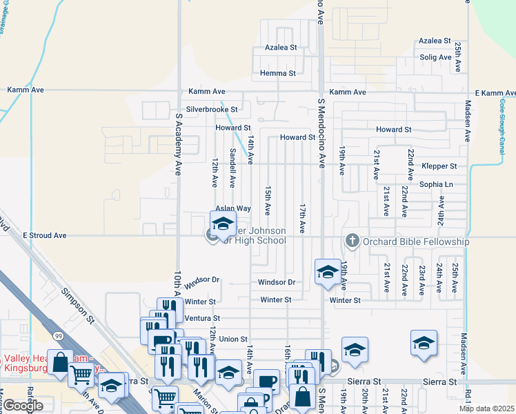 map of restaurants, bars, coffee shops, grocery stores, and more near 2535 15th Avenue in Kingsburg