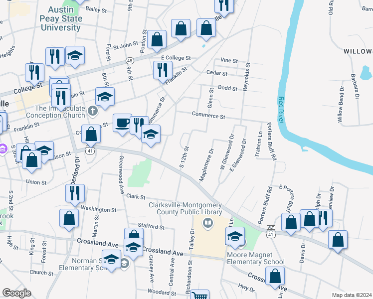 map of restaurants, bars, coffee shops, grocery stores, and more near 1221 Madison Street in Clarksville