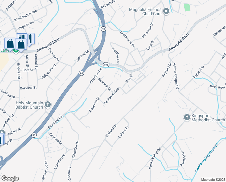 map of restaurants, bars, coffee shops, grocery stores, and more near 1801 Fairhaven Avenue in Kingsport
