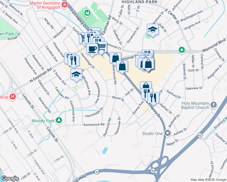 map of restaurants, bars, coffee shops, grocery stores, and more near 2037 Sherwood Road in Kingsport
