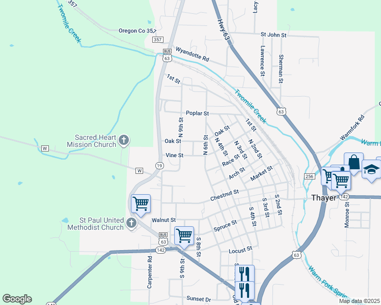 map of restaurants, bars, coffee shops, grocery stores, and more near 626 Vine Street in Thayer