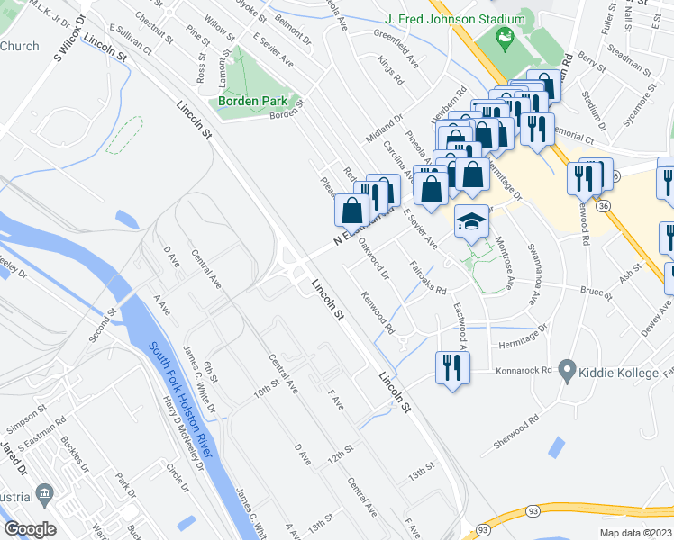 map of restaurants, bars, coffee shops, grocery stores, and more near 1800 Kenwood Road in Kingsport