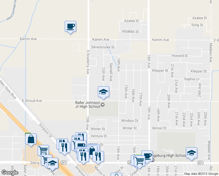 map of restaurants, bars, coffee shops, grocery stores, and more near 2543 Sandell Avenue in Kingsburg