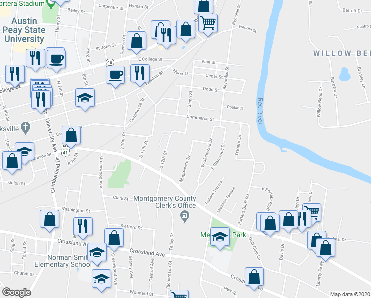 map of restaurants, bars, coffee shops, grocery stores, and more near 183 Maplemere Drive in Clarksville