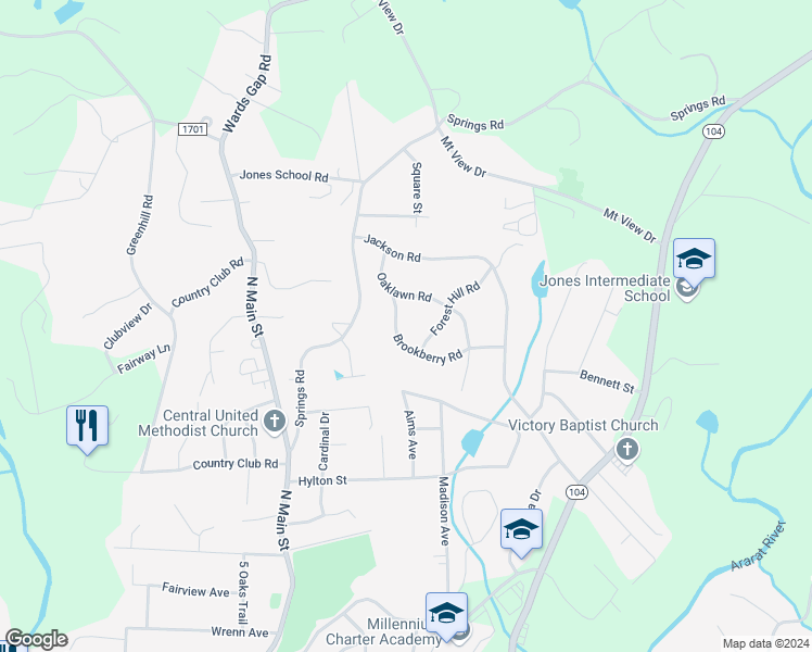map of restaurants, bars, coffee shops, grocery stores, and more near 121 Brookberry Road in Mount Airy