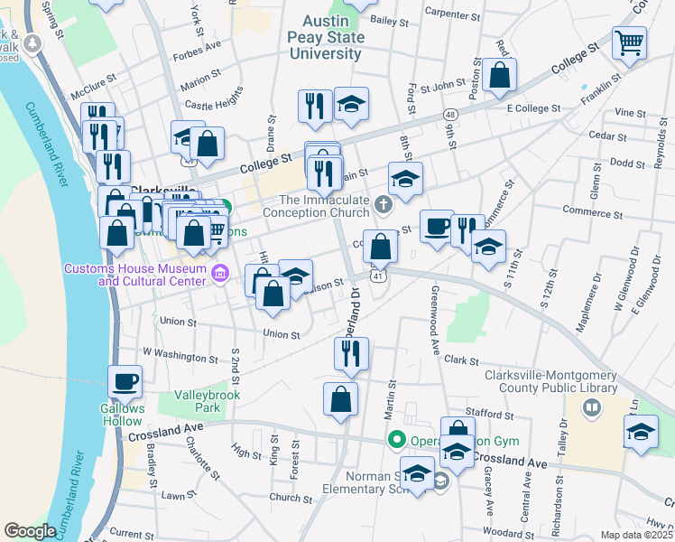 map of restaurants, bars, coffee shops, grocery stores, and more near 523 Madison Street in Clarksville