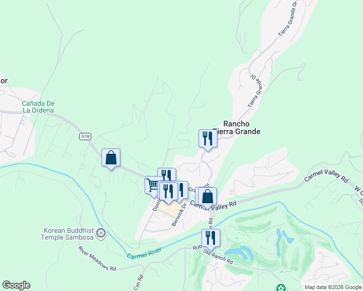 map of restaurants, bars, coffee shops, grocery stores, and more near 28009 Mercurio Road in Carmel-by-the-Sea