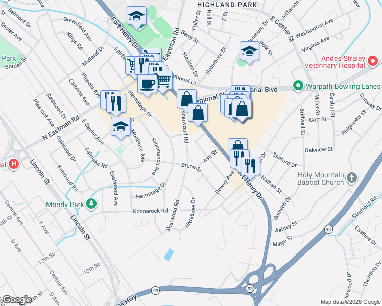 map of restaurants, bars, coffee shops, grocery stores, and more near 2128 Cypress Street in Kingsport