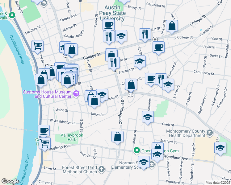 map of restaurants, bars, coffee shops, grocery stores, and more near 523 Madison Street in Clarksville