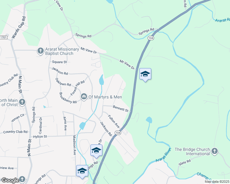 map of restaurants, bars, coffee shops, grocery stores, and more near 2143 Margaret Drive in Mount Airy
