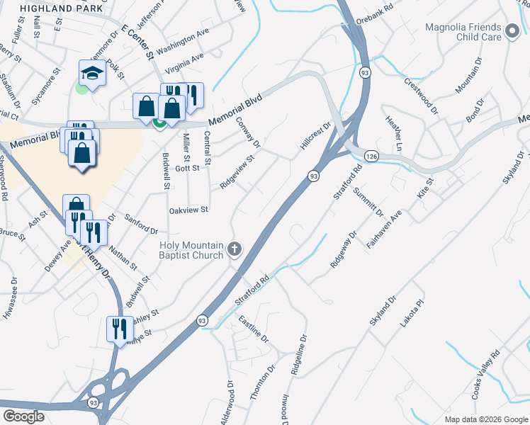 map of restaurants, bars, coffee shops, grocery stores, and more near 1020 Morrell Court in Kingsport
