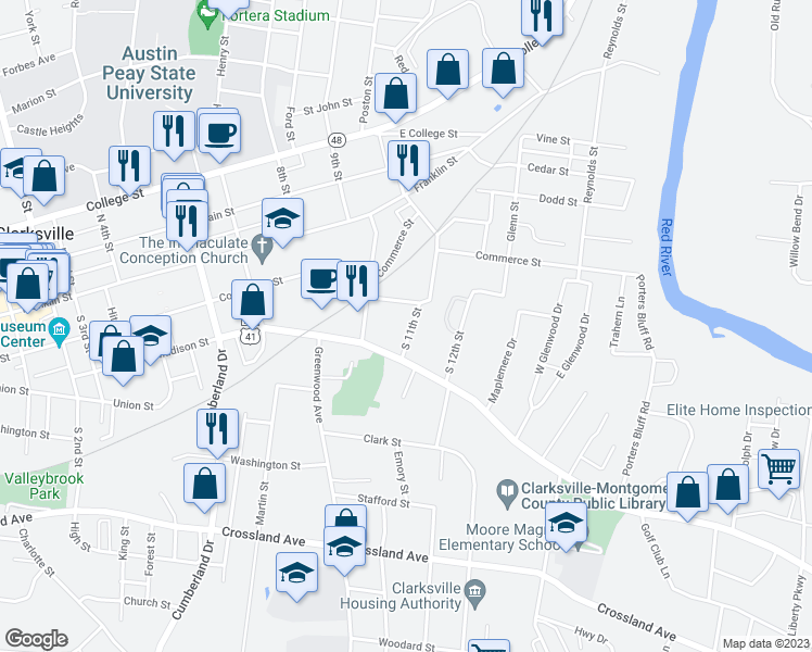 map of restaurants, bars, coffee shops, grocery stores, and more near 410 South 11th Street in Clarksville