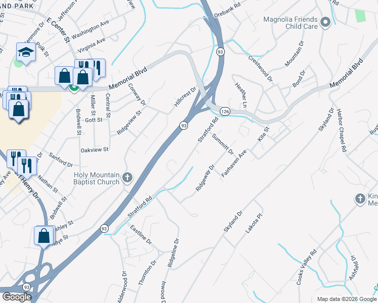 map of restaurants, bars, coffee shops, grocery stores, and more near 1775 Stratford Road in Kingsport