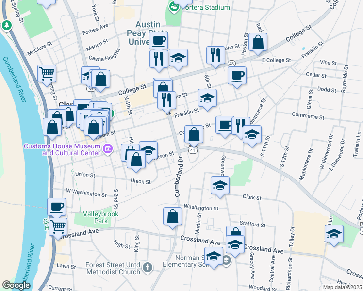 map of restaurants, bars, coffee shops, grocery stores, and more near 611 Madison Street in Clarksville