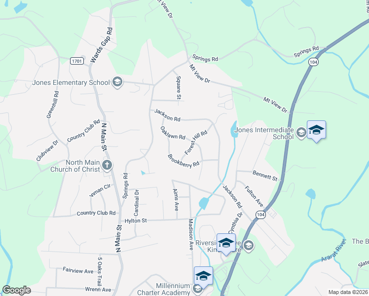 map of restaurants, bars, coffee shops, grocery stores, and more near 208 Forest Hill Road in Mount Airy