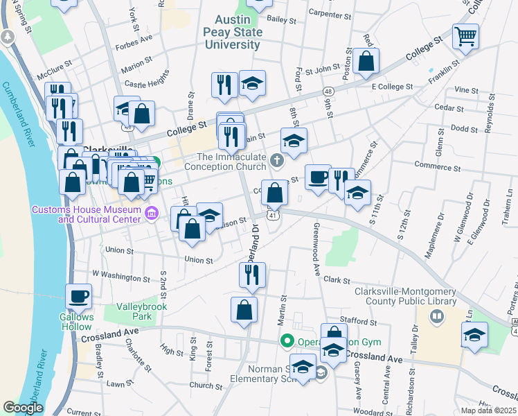 map of restaurants, bars, coffee shops, grocery stores, and more near 523 Madison Street in Clarksville