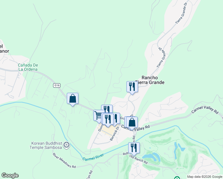 map of restaurants, bars, coffee shops, grocery stores, and more near 28009 Mercurio Road in Carmel-by-the-Sea