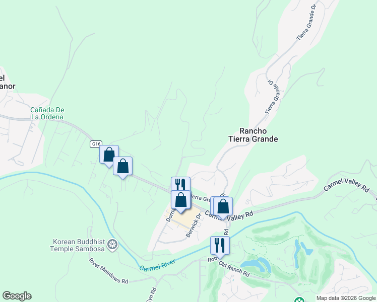 map of restaurants, bars, coffee shops, grocery stores, and more near 28007 Mercurio Road in Carmel