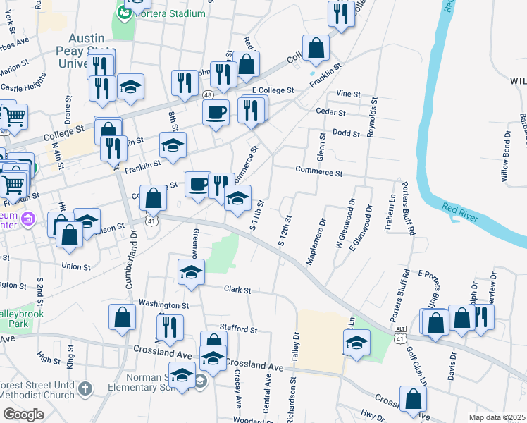 map of restaurants, bars, coffee shops, grocery stores, and more near 545 South 12th Street in Clarksville