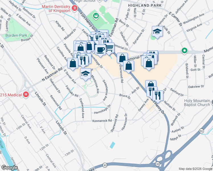 map of restaurants, bars, coffee shops, grocery stores, and more near 2149 Swannanoa Avenue in Kingsport