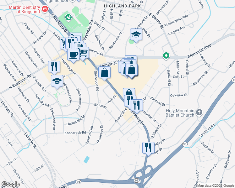map of restaurants, bars, coffee shops, grocery stores, and more near 2205 Cypress Street in Kingsport
