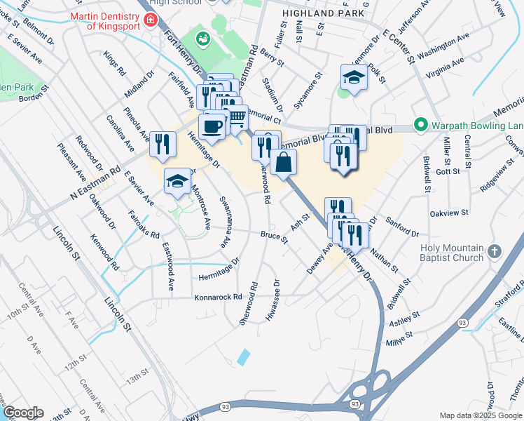 map of restaurants, bars, coffee shops, grocery stores, and more near 2037 Sherwood Road in Kingsport