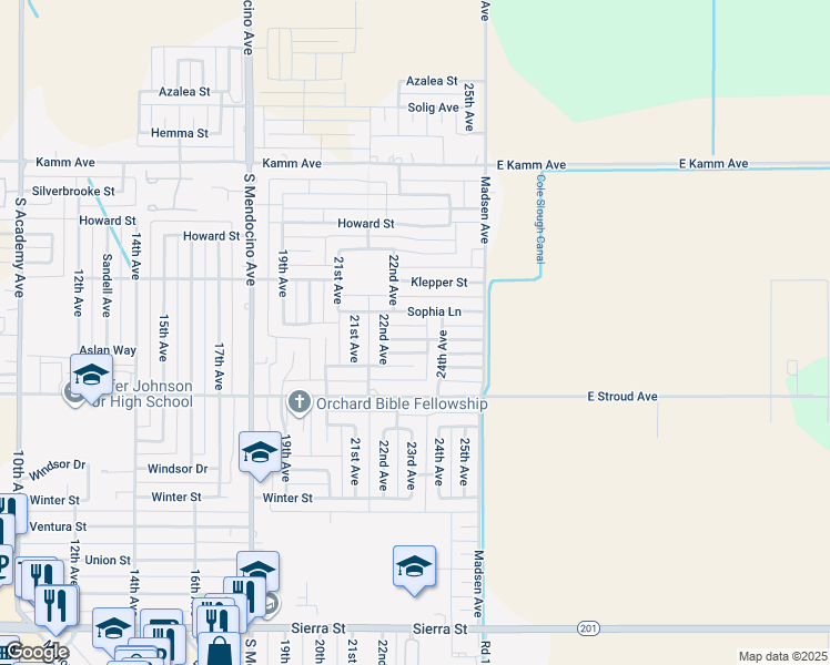 map of restaurants, bars, coffee shops, grocery stores, and more near 2371 Harold Street in Kingsburg