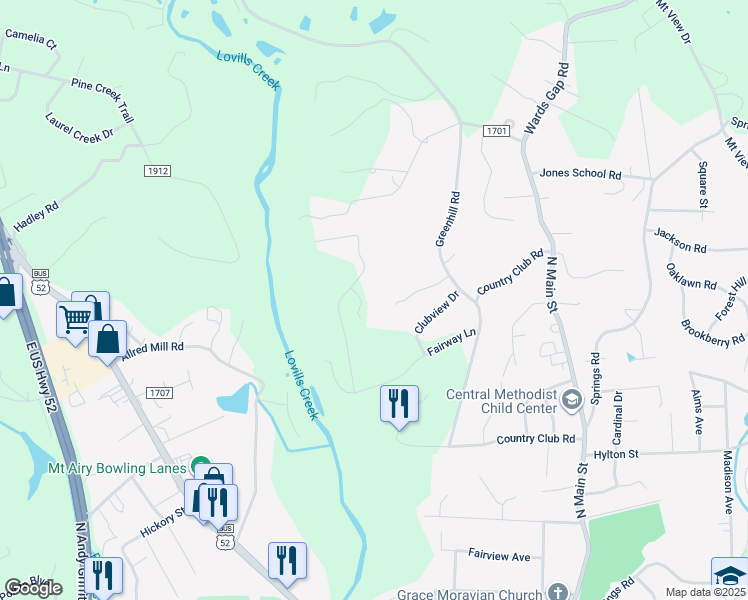 map of restaurants, bars, coffee shops, grocery stores, and more near 660 Woodside Drive in Mount Airy