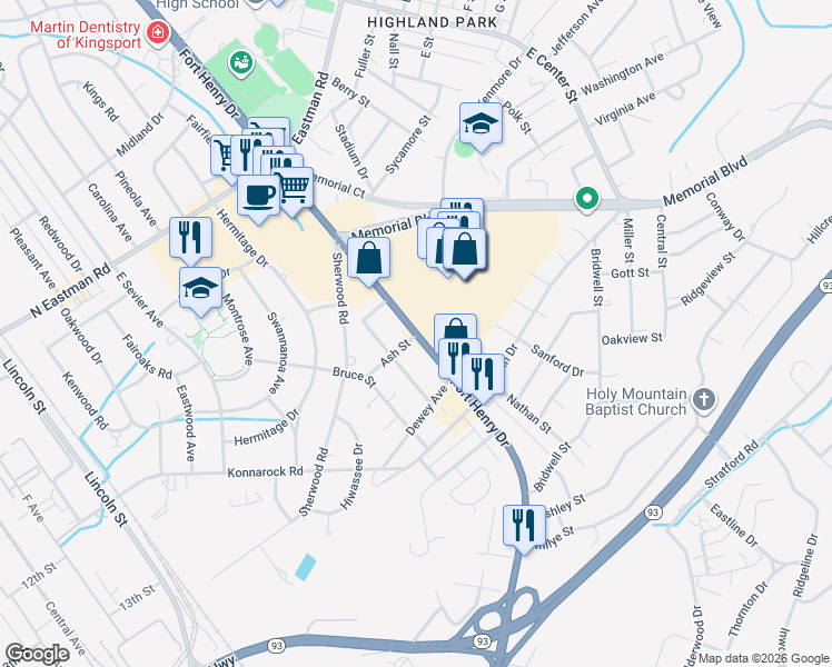 map of restaurants, bars, coffee shops, grocery stores, and more near 2101 Fort Henry Drive in Kingsport