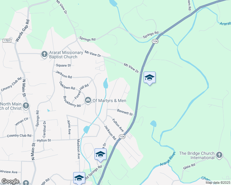map of restaurants, bars, coffee shops, grocery stores, and more near 2143 Margaret Drive in Mount Airy