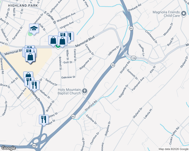 map of restaurants, bars, coffee shops, grocery stores, and more near 1020 Morrell Court in Kingsport
