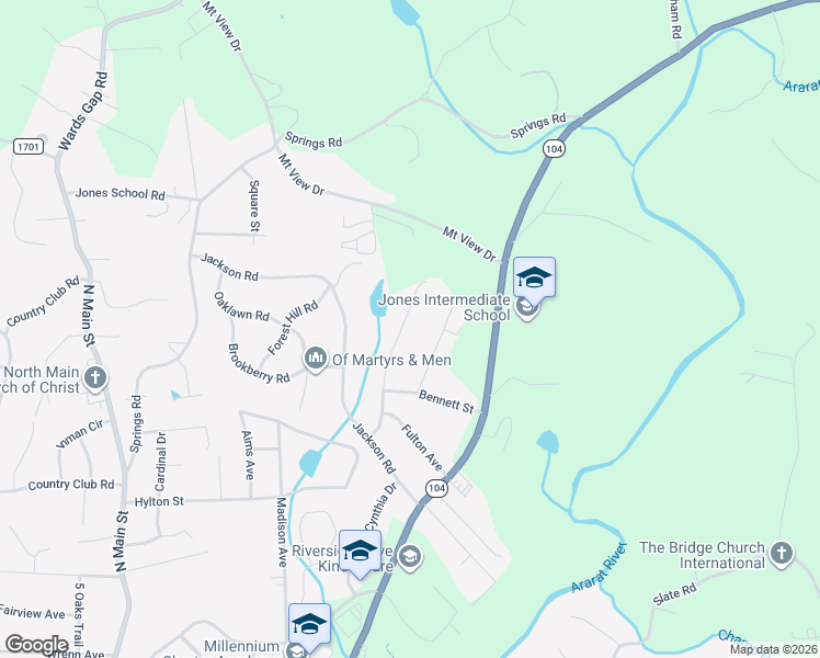map of restaurants, bars, coffee shops, grocery stores, and more near 2143 Margaret Drive in Mount Airy