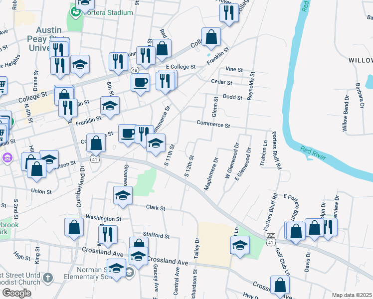 map of restaurants, bars, coffee shops, grocery stores, and more near 545 12th Street in Clarksville