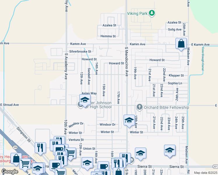 map of restaurants, bars, coffee shops, grocery stores, and more near 2521 16th Avenue in Kingsburg