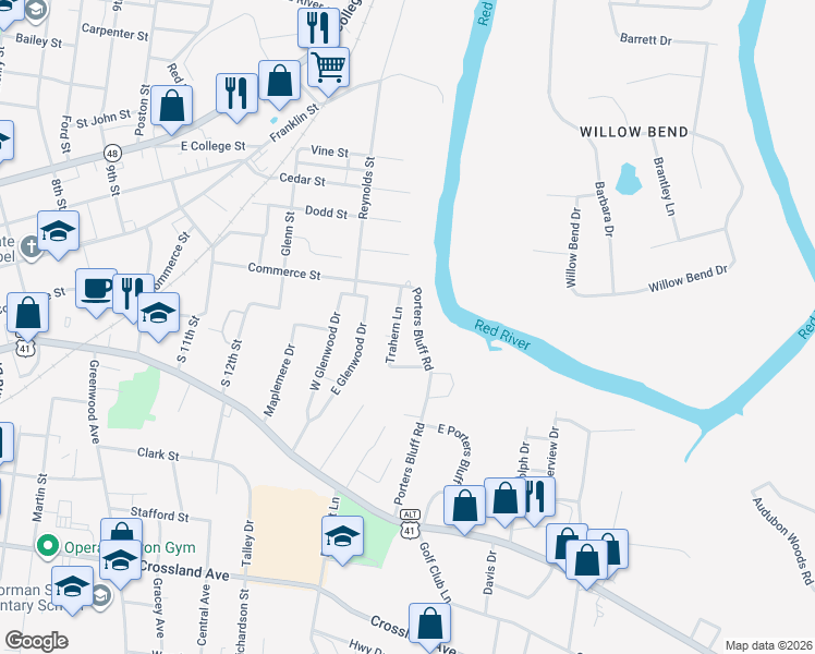 map of restaurants, bars, coffee shops, grocery stores, and more near 211 Trahern Lane in Clarksville
