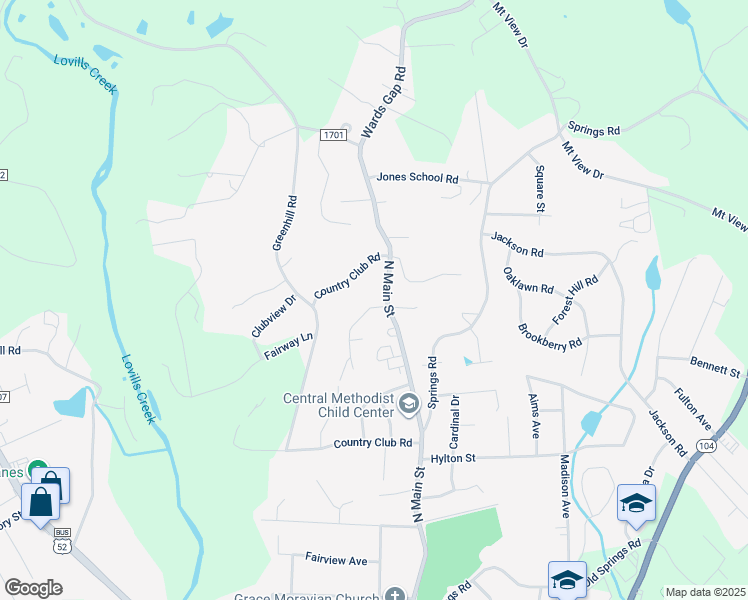 map of restaurants, bars, coffee shops, grocery stores, and more near 114 Dyson Place in Mount Airy