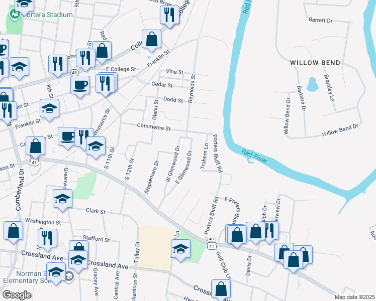 map of restaurants, bars, coffee shops, grocery stores, and more near 165 East Glenwood Drive in Clarksville