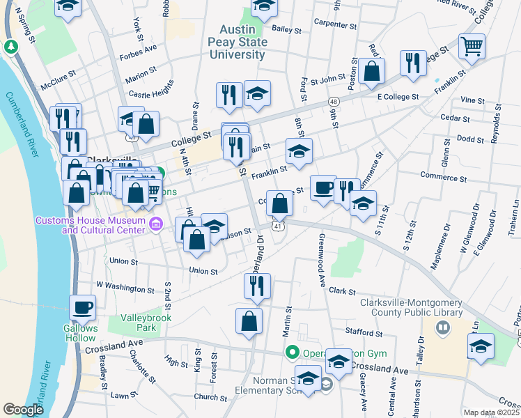 map of restaurants, bars, coffee shops, grocery stores, and more near 101 University Avenue in Clarksville
