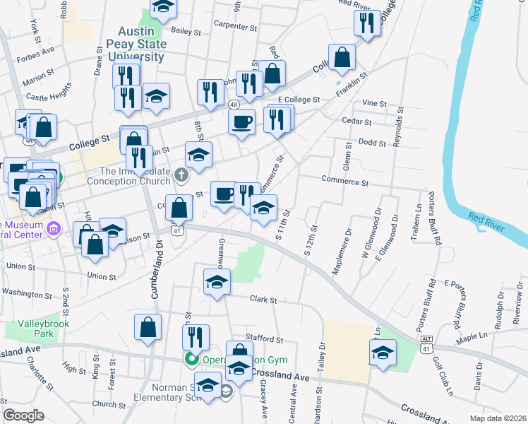 map of restaurants, bars, coffee shops, grocery stores, and more near 199 South 10th Street in Clarksville