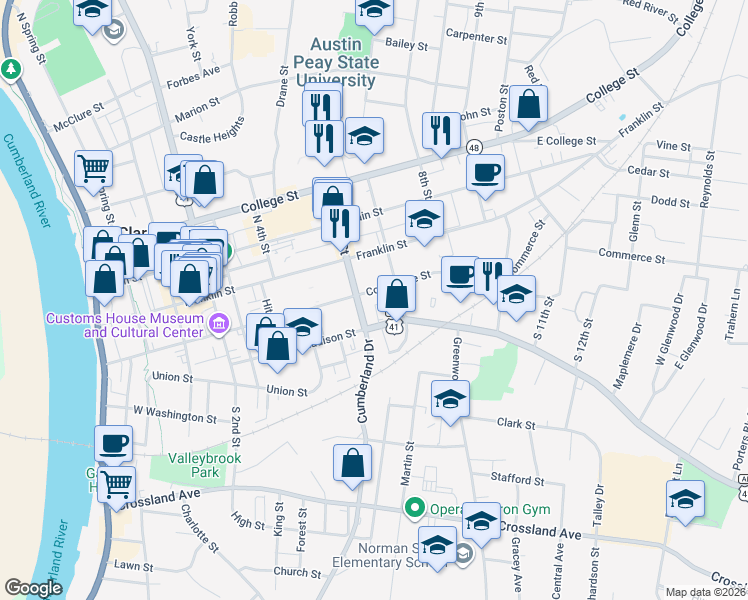 map of restaurants, bars, coffee shops, grocery stores, and more near 610 Commerce Street in Clarksville