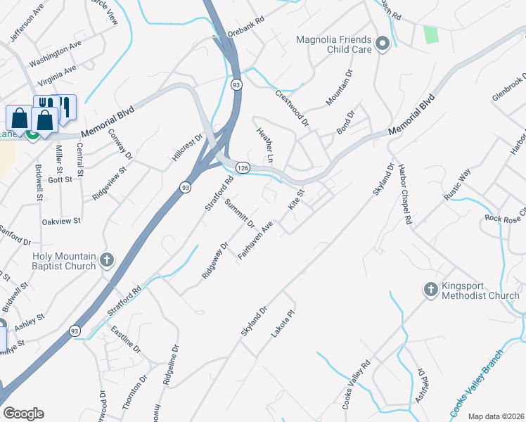 map of restaurants, bars, coffee shops, grocery stores, and more near 804 Milton Court in Kingsport