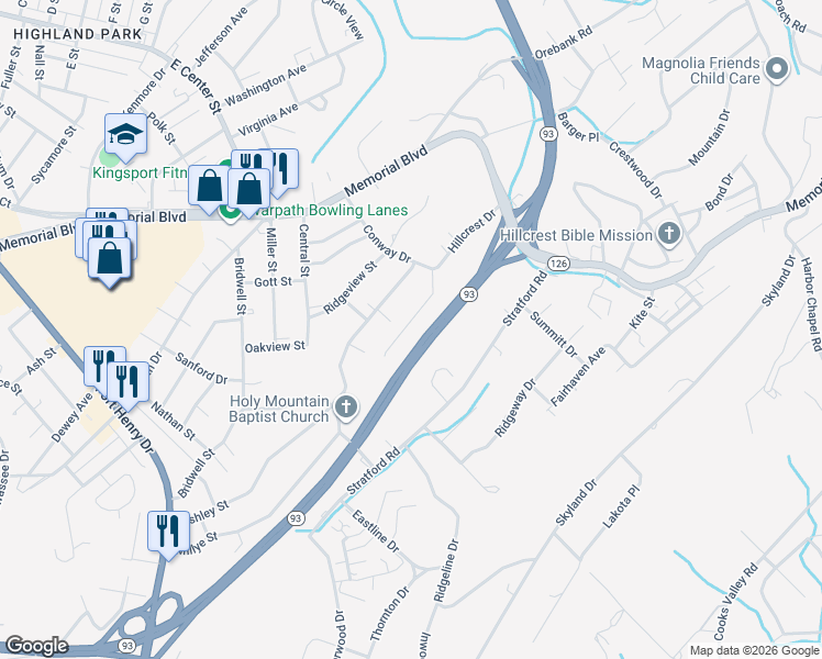 map of restaurants, bars, coffee shops, grocery stores, and more near 3249 Ashley Street in Kingsport