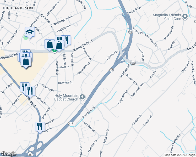 map of restaurants, bars, coffee shops, grocery stores, and more near 3249 Ashley Street in Kingsport