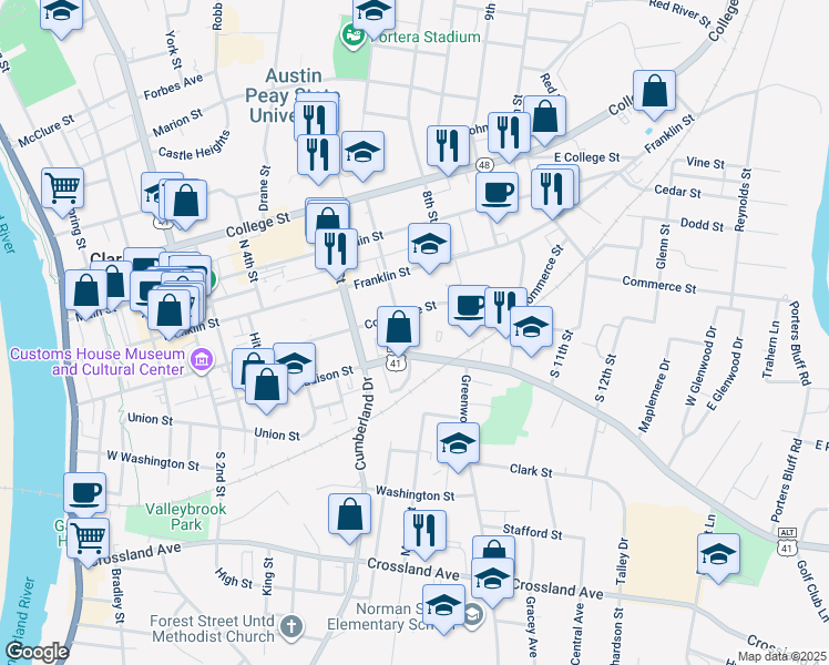 map of restaurants, bars, coffee shops, grocery stores, and more near 726 Commerce Street in Clarksville