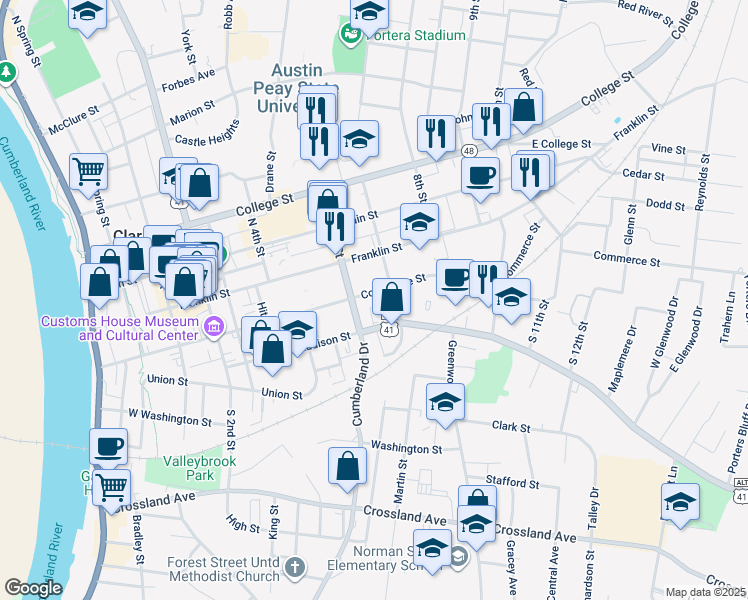 map of restaurants, bars, coffee shops, grocery stores, and more near 128 South 7th Street in Clarksville