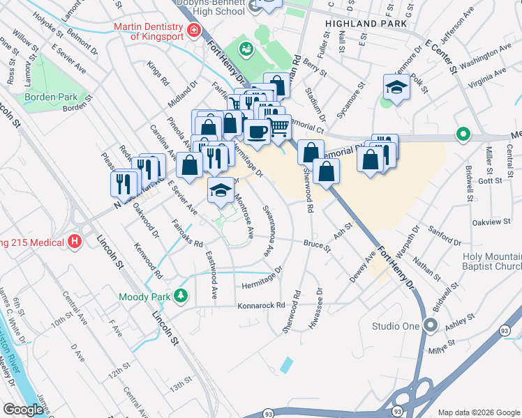 map of restaurants, bars, coffee shops, grocery stores, and more near 2121 Swannanoa Avenue in Kingsport