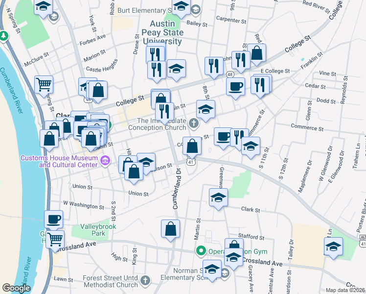 map of restaurants, bars, coffee shops, grocery stores, and more near 128 South 7th Street in Clarksville